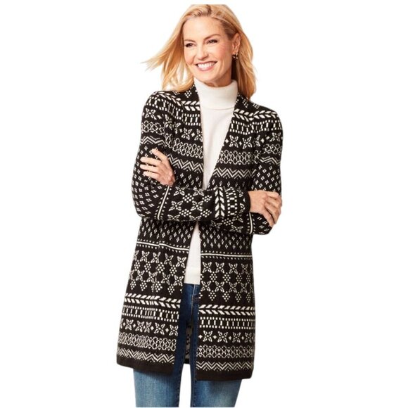 Talbots Black Fair Isle Open-Front Cardigan Sweater, MP - Picture 9 of 9